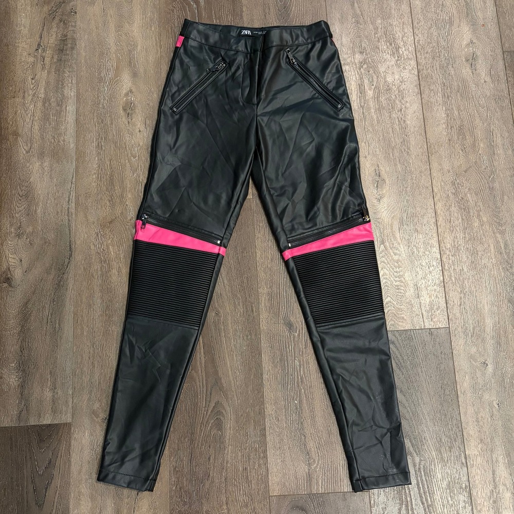 Zara Womens XS Faux Leather Pants Moto Biker Black Pink Ribbed Leggings